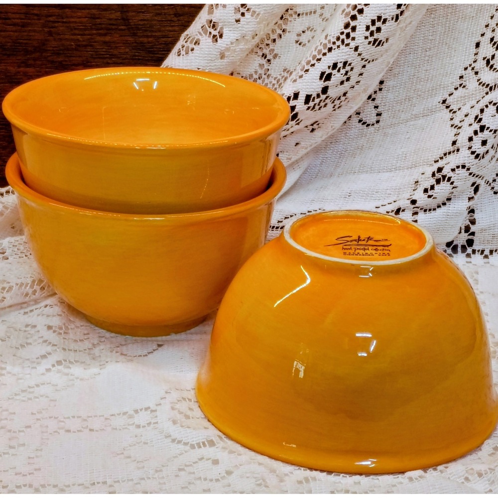 Salute Hand Painted Collection Yellow Cereal Soup Bowls Set of 3 Stoneware - Picture 2 of 6
